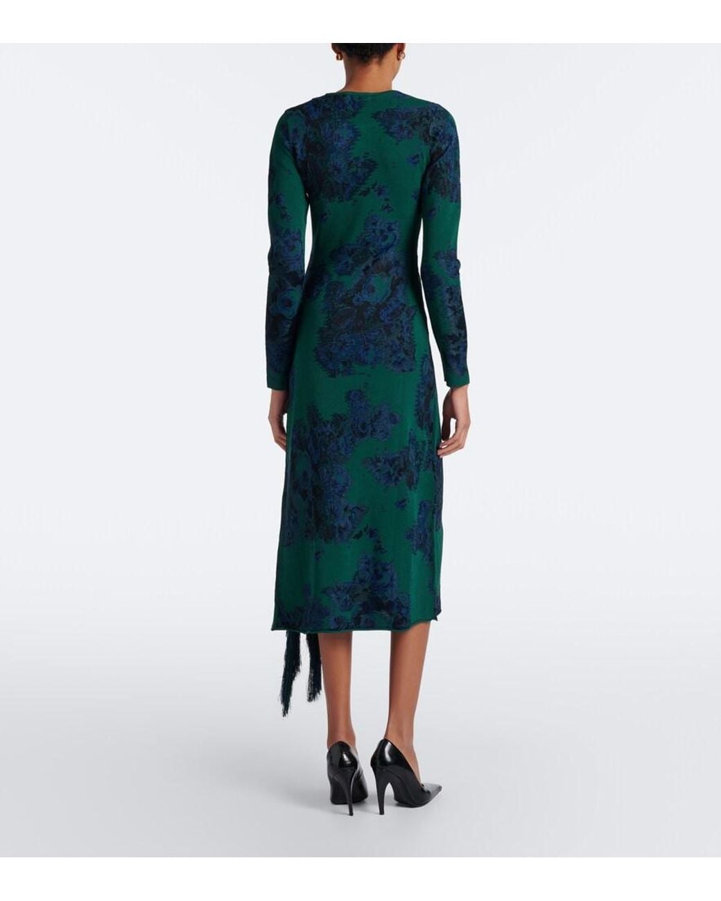 Erdem Blue Floral Fringed Knitted Jacquard Midi Dress