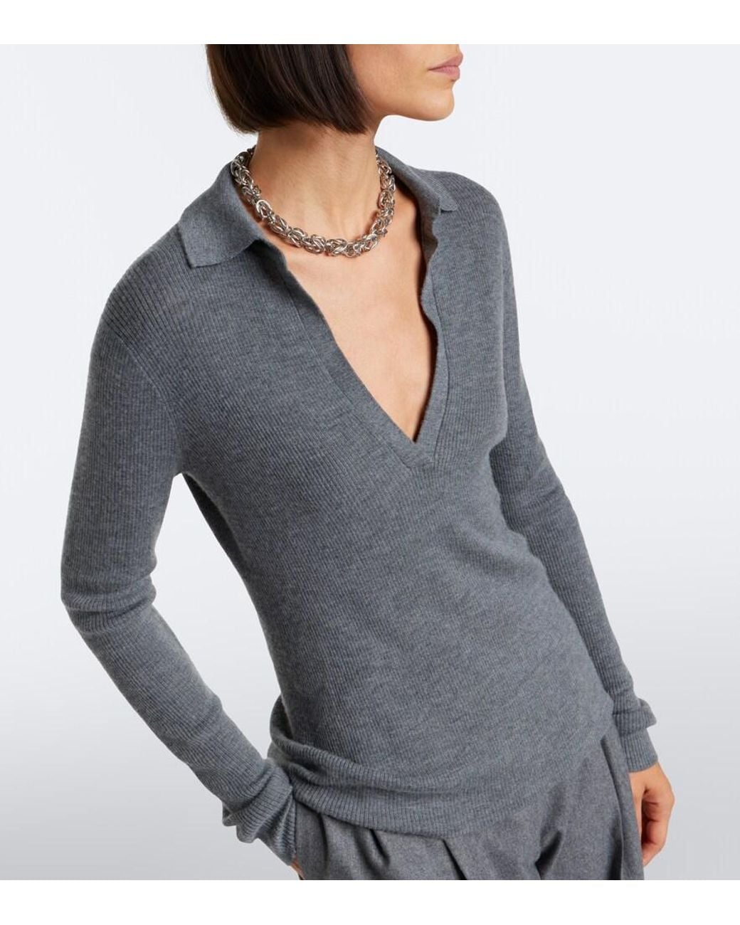 Max Mara Gray Ribbed-Knit Cashmere Polo Sweater