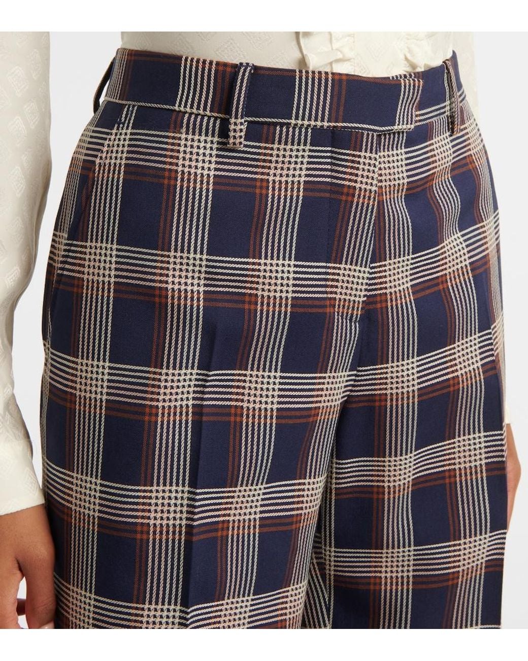 Etro Blue Checked High-Rise Wool Wide-Leg Pants