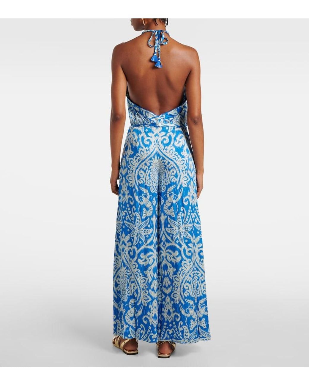 Poupette Blue Clea High-Rise Printed Wide-Leg Pants