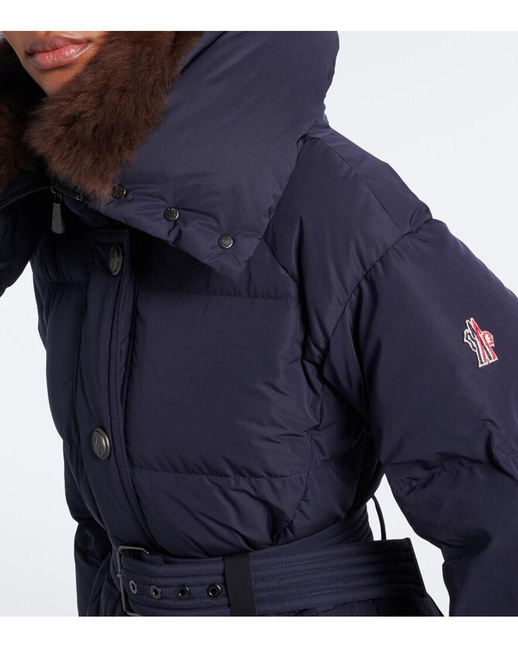 Moncler Blue Gelisette Shearling-Trimmed Down Coat