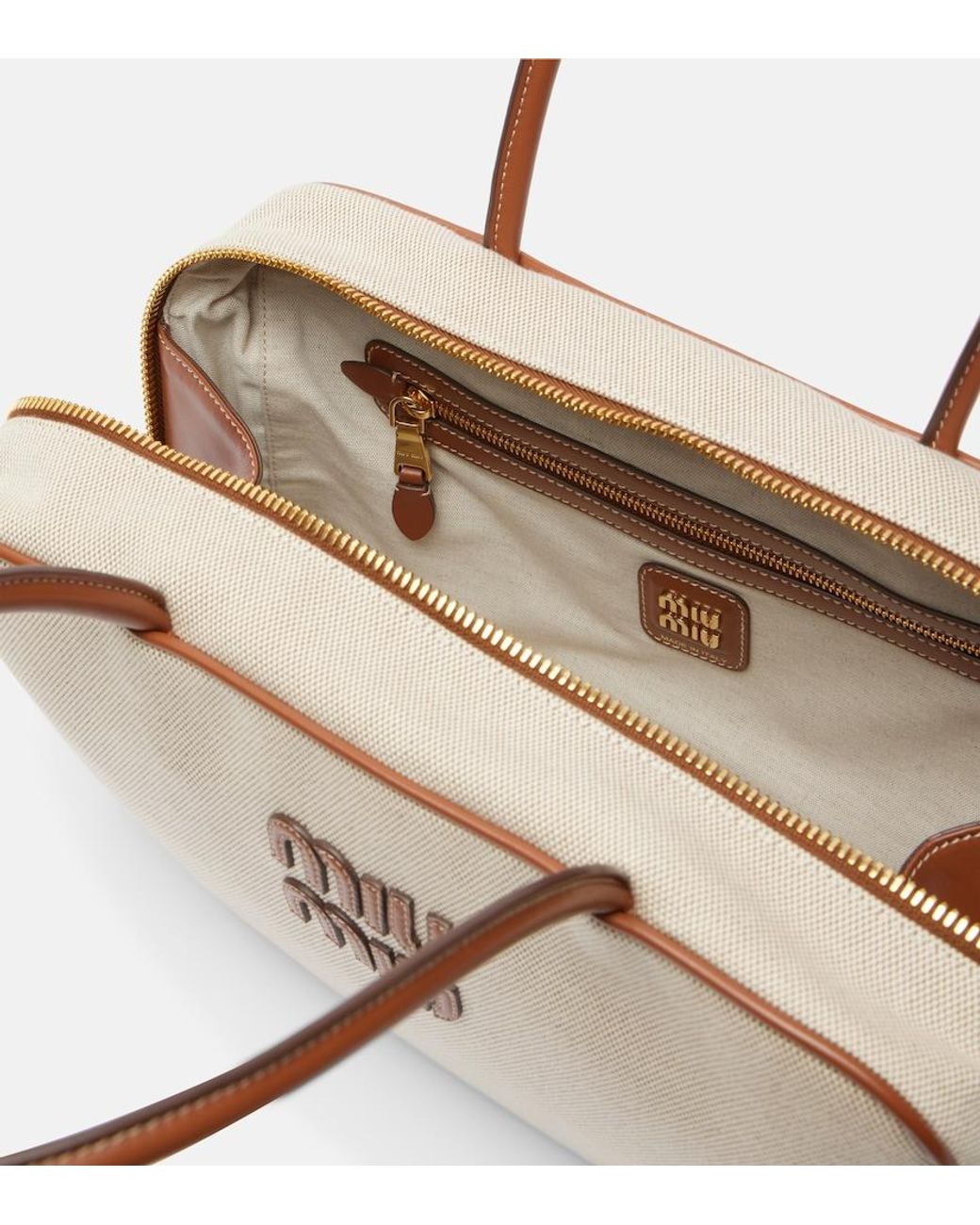 Miu Miu Natural Beau Leather-Trimmed Canvas Tote Bag