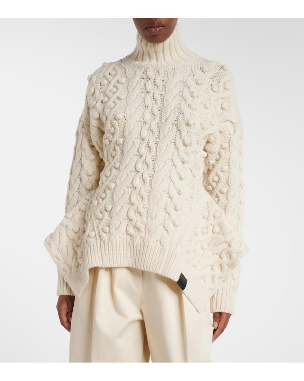 Stella McCartney Natural Cable-Knit Draped Wool Turtleneck Sweater