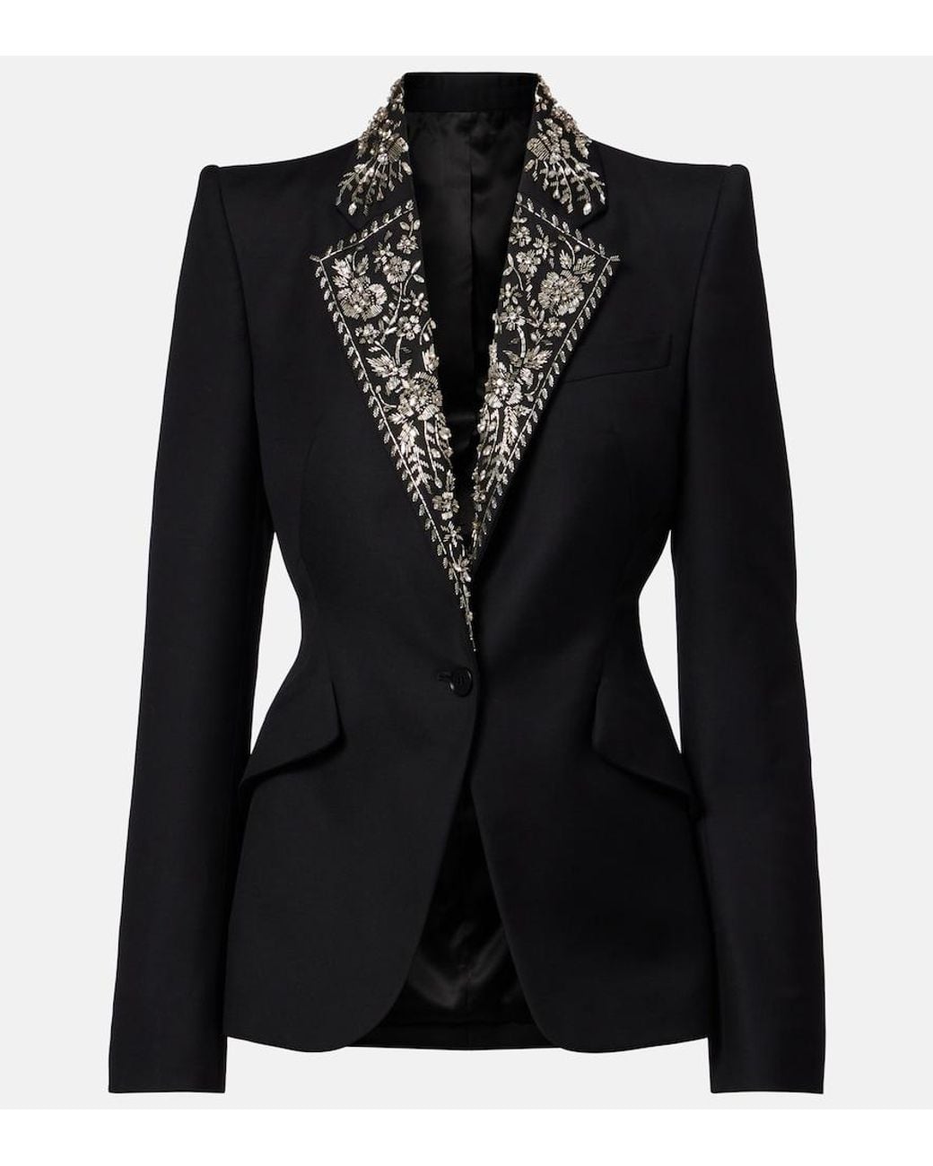 McQueen Black Embellished Wool Grain De Poudre Blazer