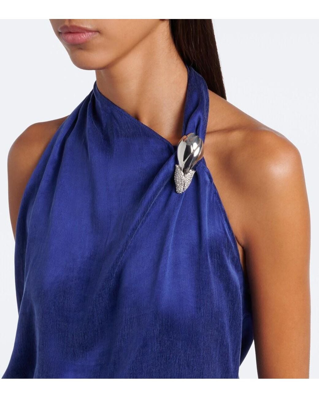 JACQUES WEI Blue Asymmetric Embellished Halterneck Top