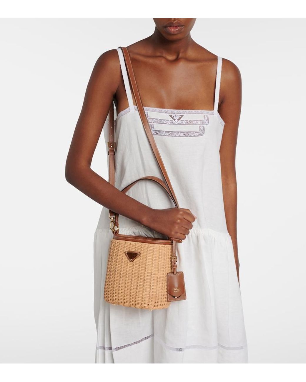 Prada Brown Leather-Trimmed Wicker Bucket Bag