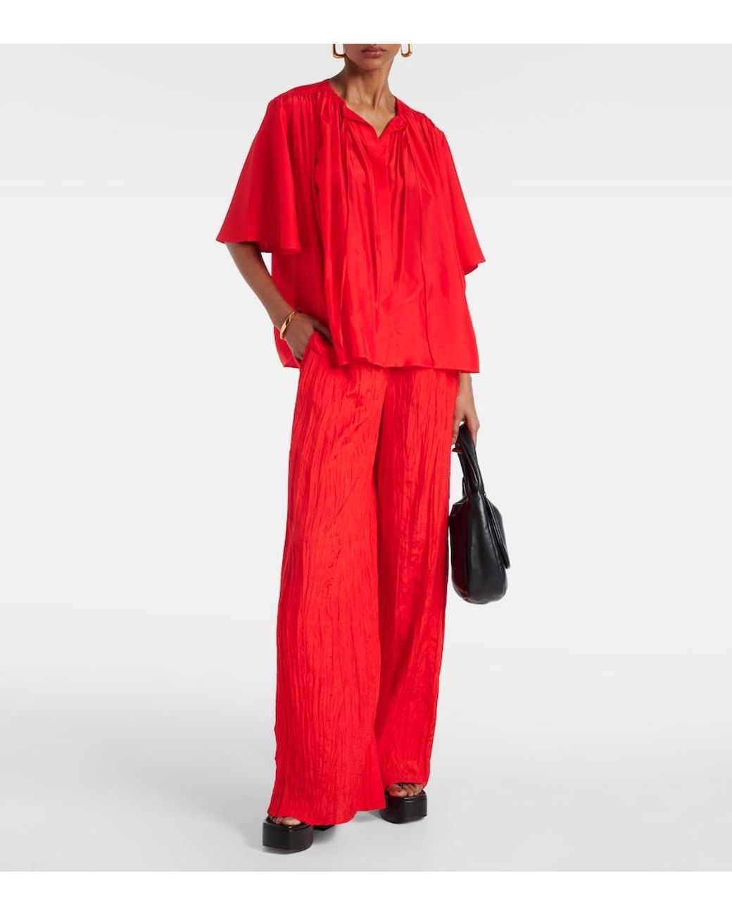 Joseph Red Thoresby Plisse Silk Palazzo Pants
