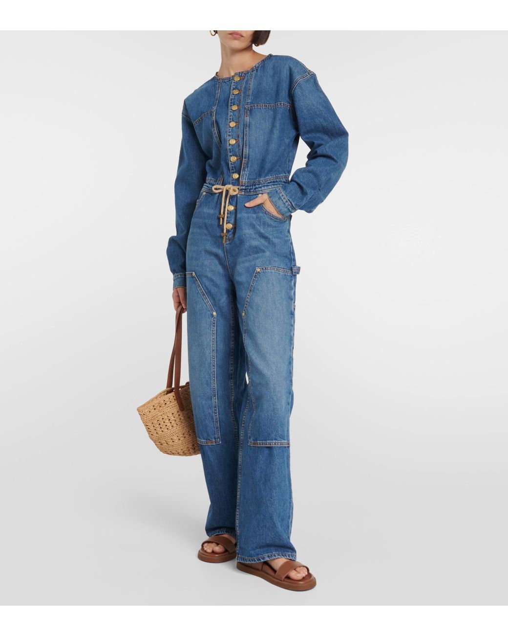 Flare leg denim jumpsuit sales