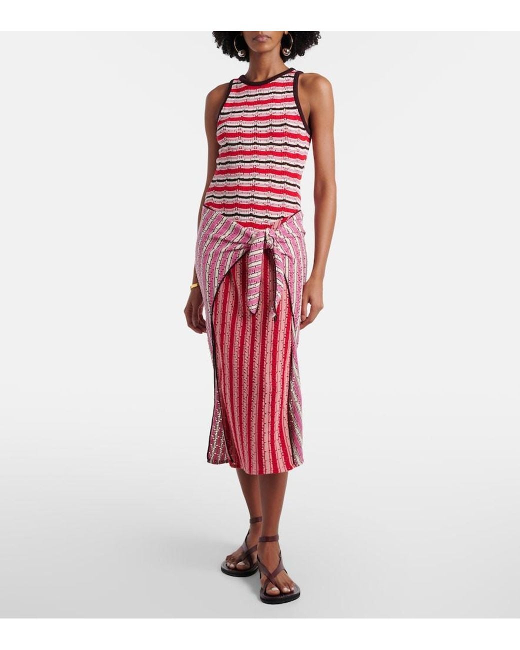 The Attico Red Striped Crochet Cotton Midi Dress