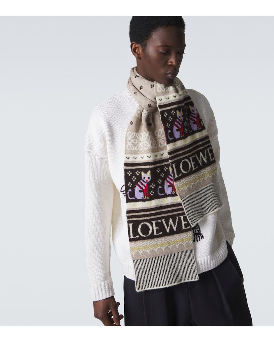 Loewe White X Louis Wain Wool-Blend Jacquard Scarf for men