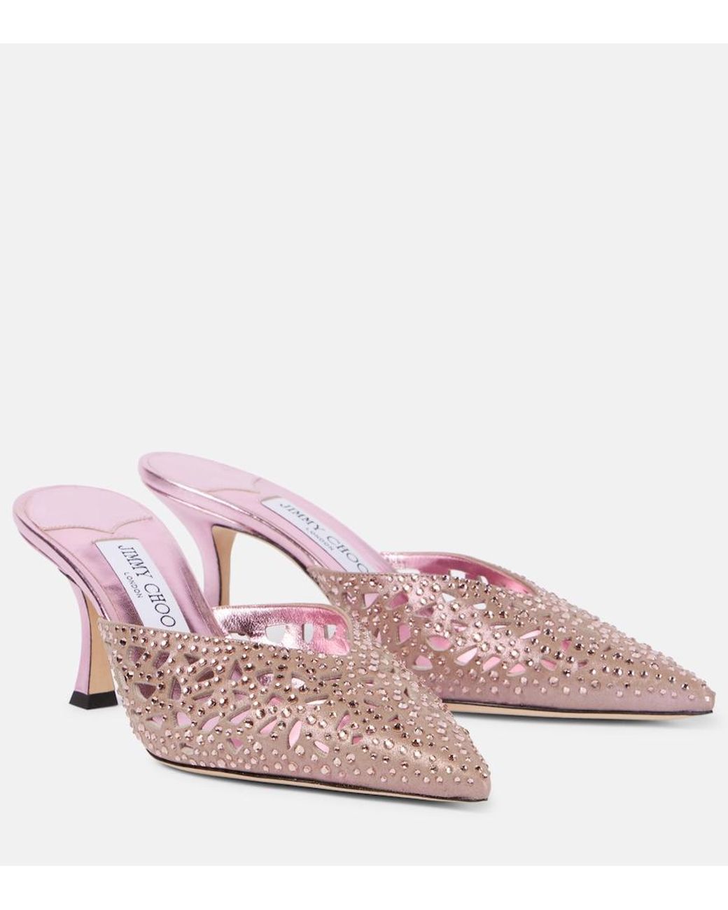 Jimmy Choo Solar 70 Embellished Laser-Cut Suede Mules in Pink