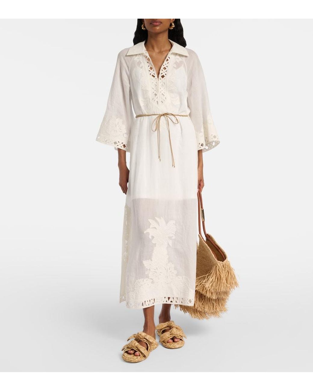 Zimmermann White Indra Embroidered Ramie Midi Dress