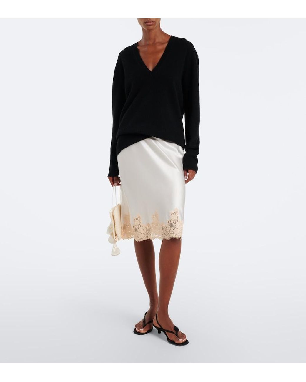 Doen White Elowette Lace-Trimmed Silk Satin Midi Skirt