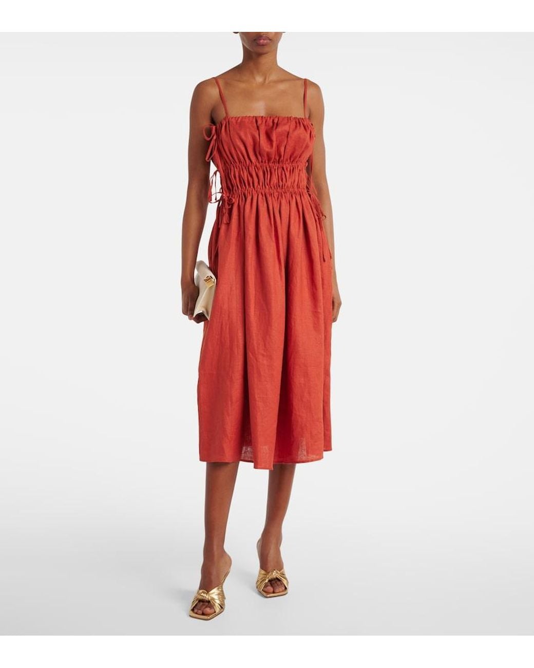 Asceno Red Eze Ruched Linen Midi Dress
