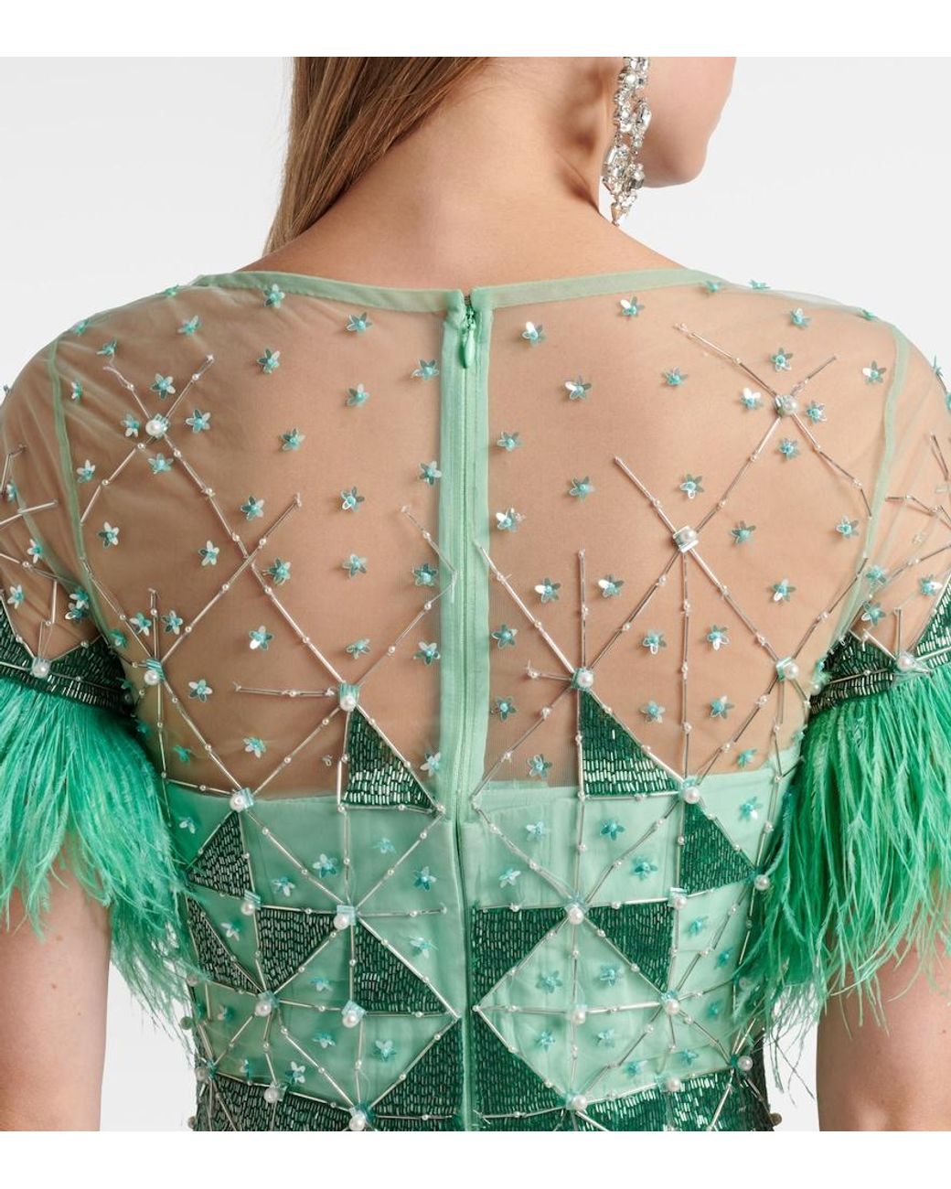 La Fuori Green Embellished Feather-Trimmed Gown