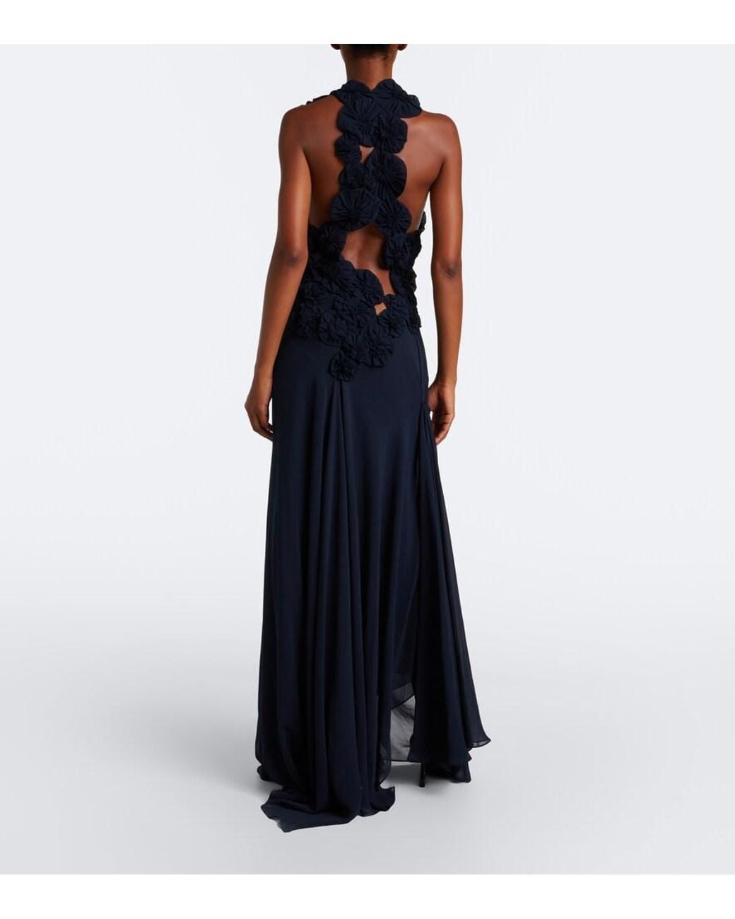 Victoria Beckham Blue Cutout Floral-Applique Silk Gown