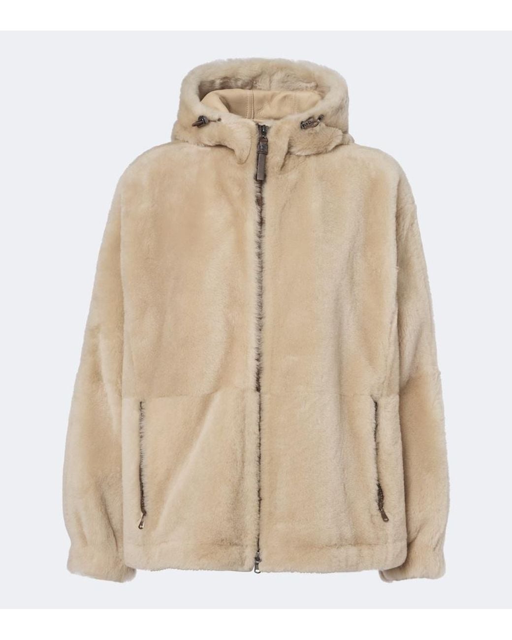 Brunello Cucinelli Natural Monili Hooded Shearling Jacket