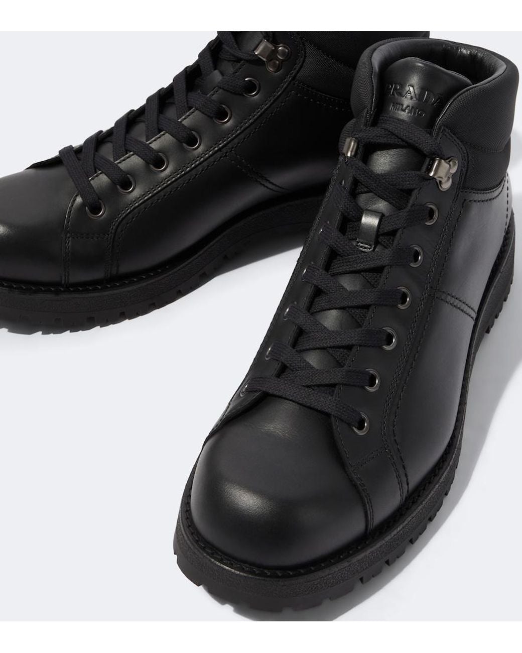 Prada Black Leather Lace-Up Boots for men