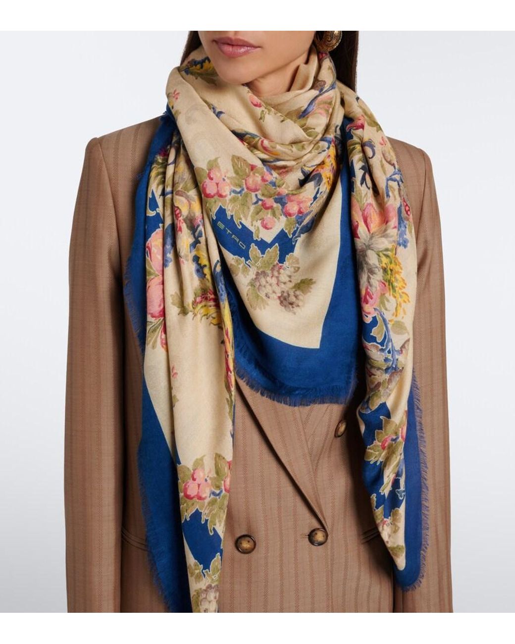 Etro Blue Floral Modal And Cashmere Scarf