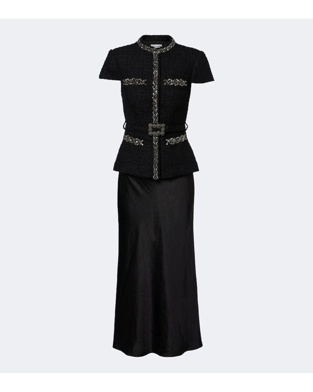 Self-Portrait Black Belted Embellished Boucle And Satin Midi Dress