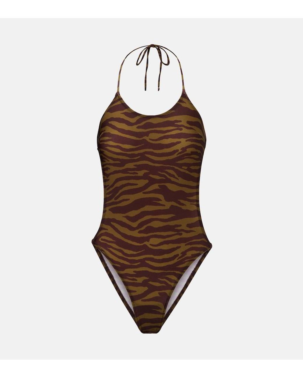 The Attico Brown Zebra-Print Halterneck Swimsuit
