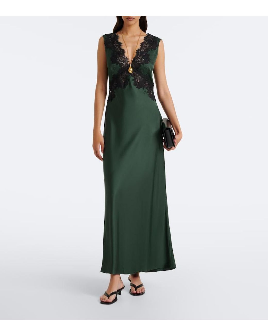 Rixo Green Lysandra Lace-Trimmed Satin Midi Dress