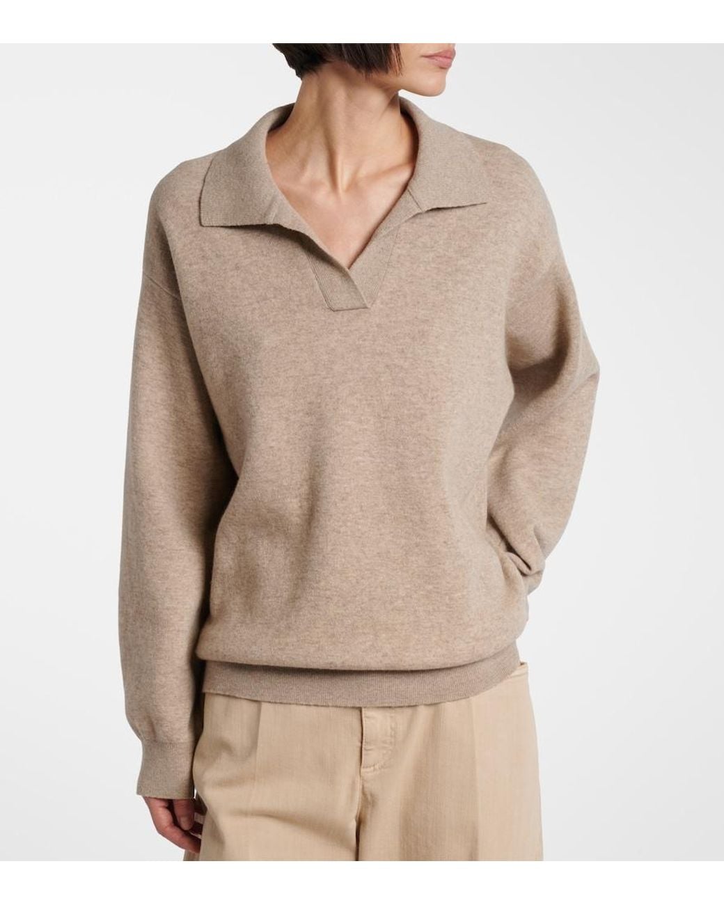 Brunello Cucinelli Natural Monili Cashmere-Blend Polo Sweater
