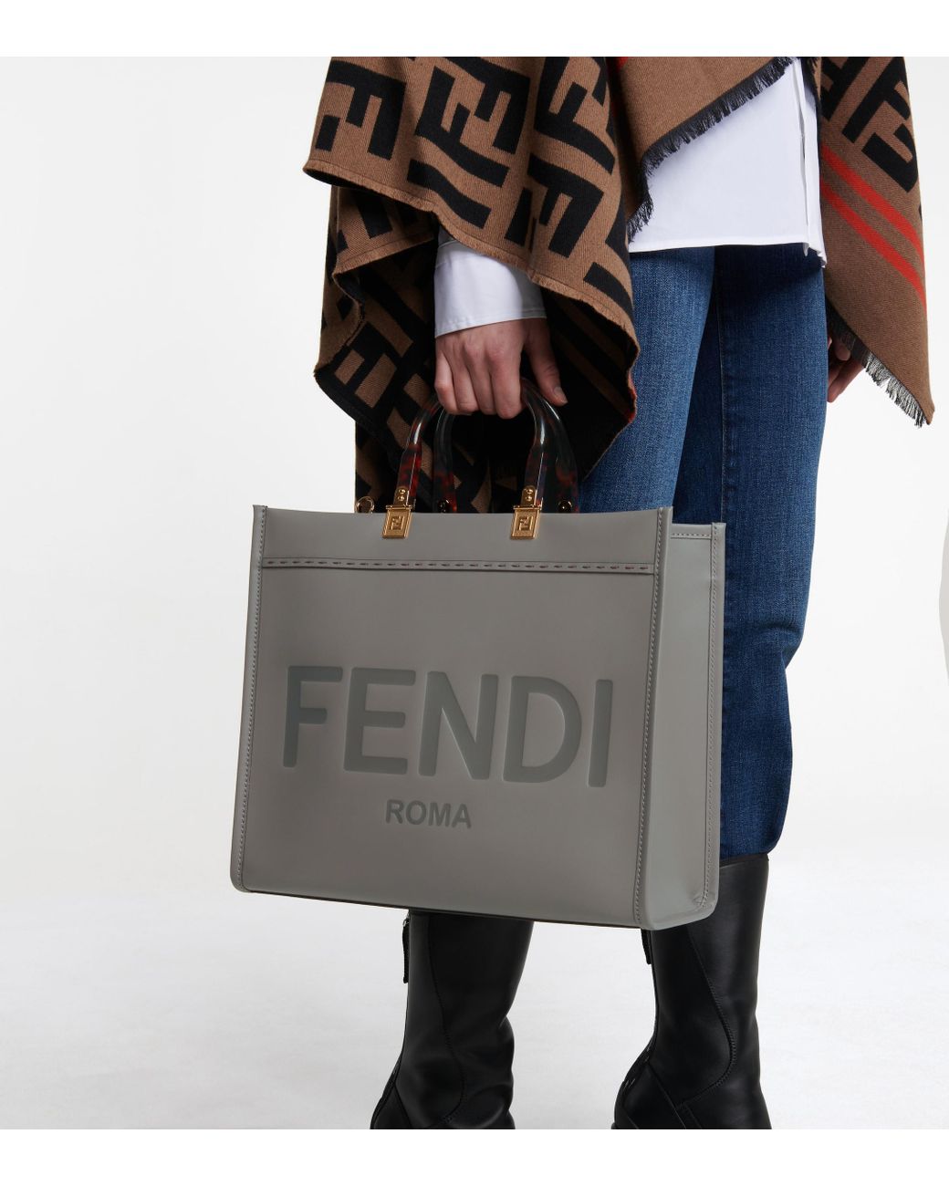Fendi Sunshine Medium Leather Tote in Gray | Lyst