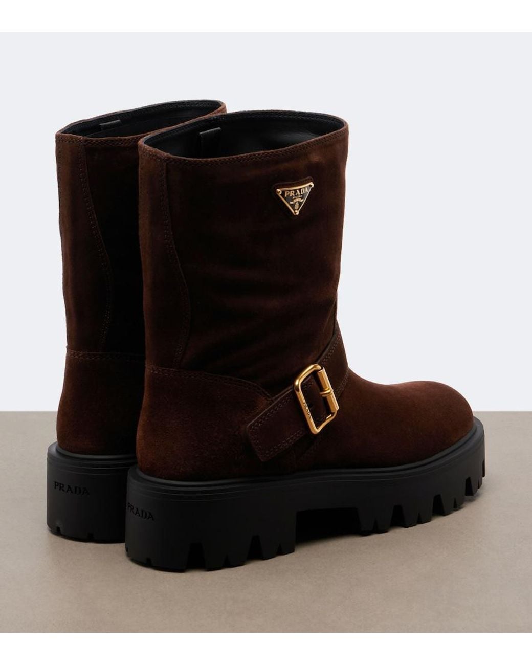 Prada Brown Logo Suede Biker Boots