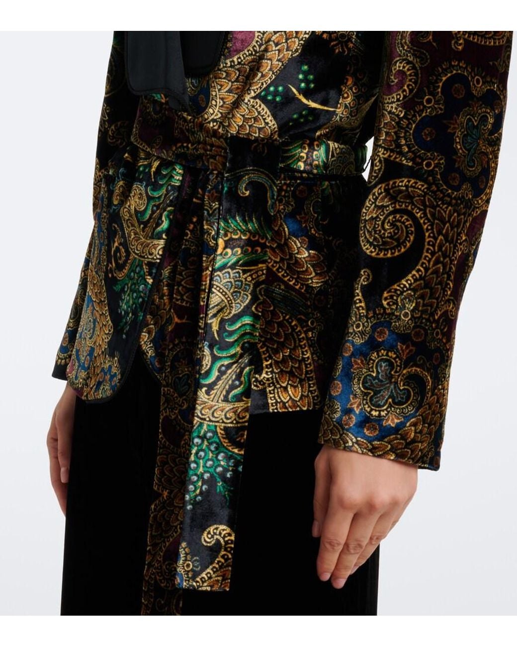 Etro Black Belted Paisley Satin-Trimmed Velvet Blazer
