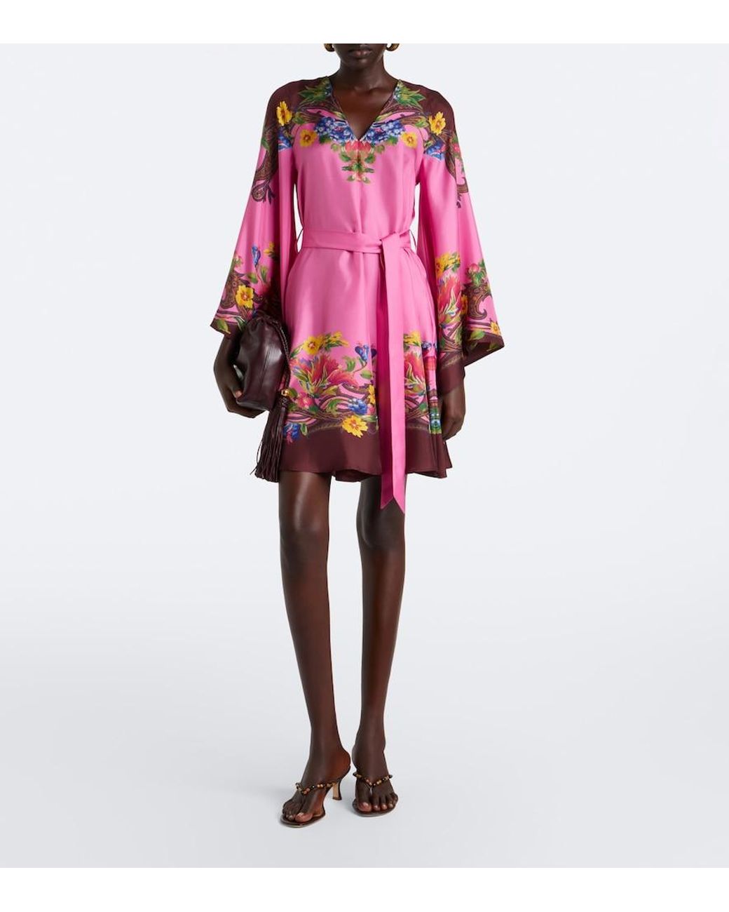 Etro Pink Belted Floral Silk Satin Minidress