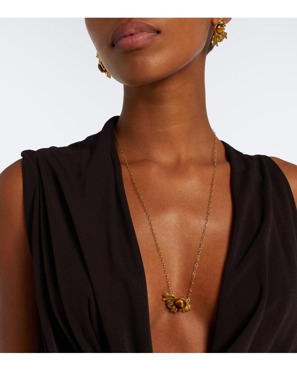 YSSO White Crescent Sun Embellished 24Kt-Plated Necklace