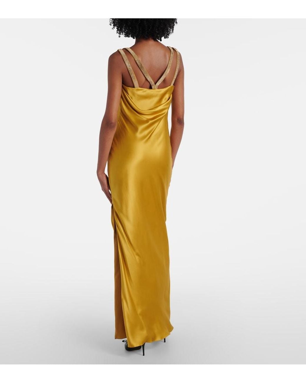 Versace Metallic Safety Pin Embellished Silk Satin Gown