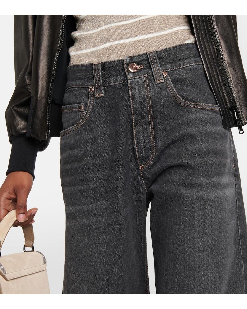 Brunello Cucinelli Blue Embellished Wide-Leg Jeans