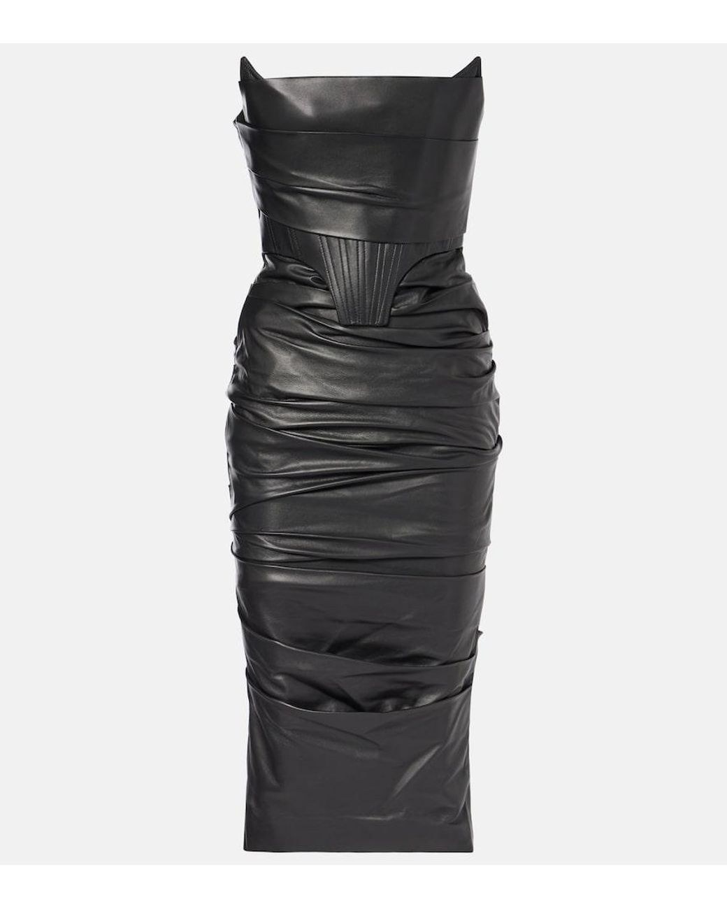 Alex Perry Black Ruched Leather Midi Dress