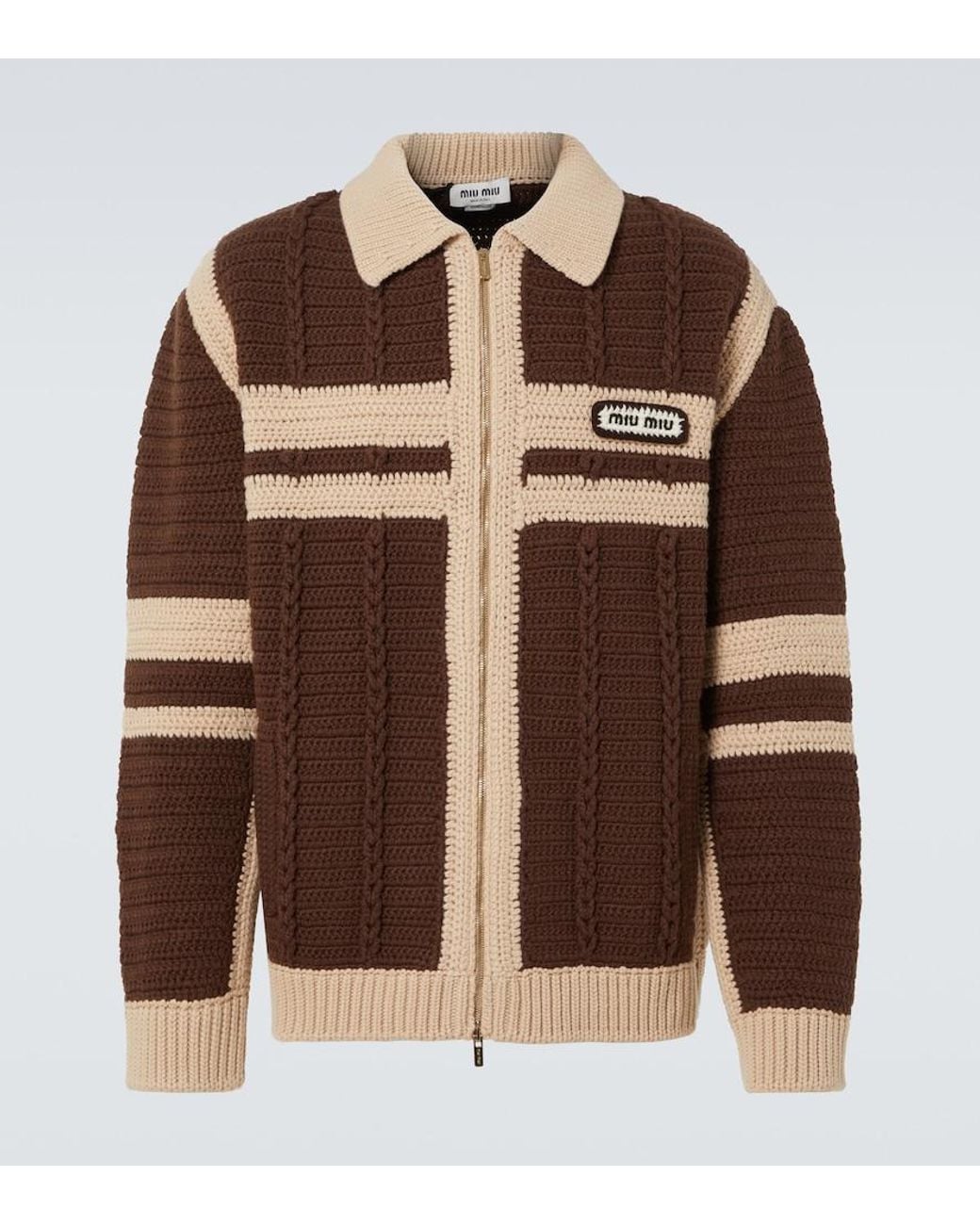 Miu Miu Cable-Knit Cashmere Zip-Up Sweater in Brown for Men | Lyst UK