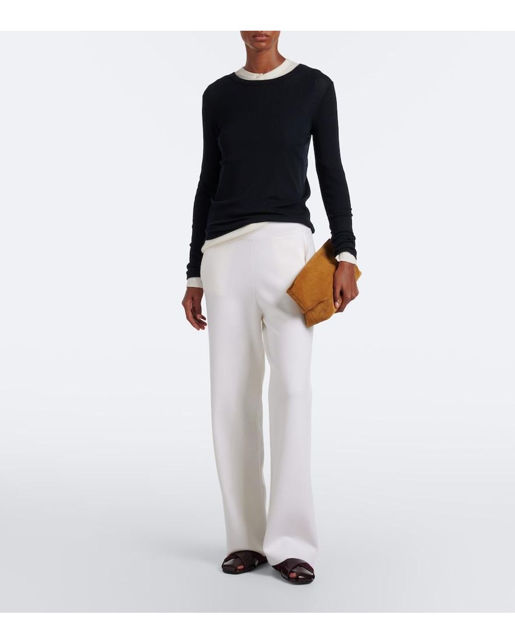 Max Mara White Wool-Blend Wide-Leg Pants