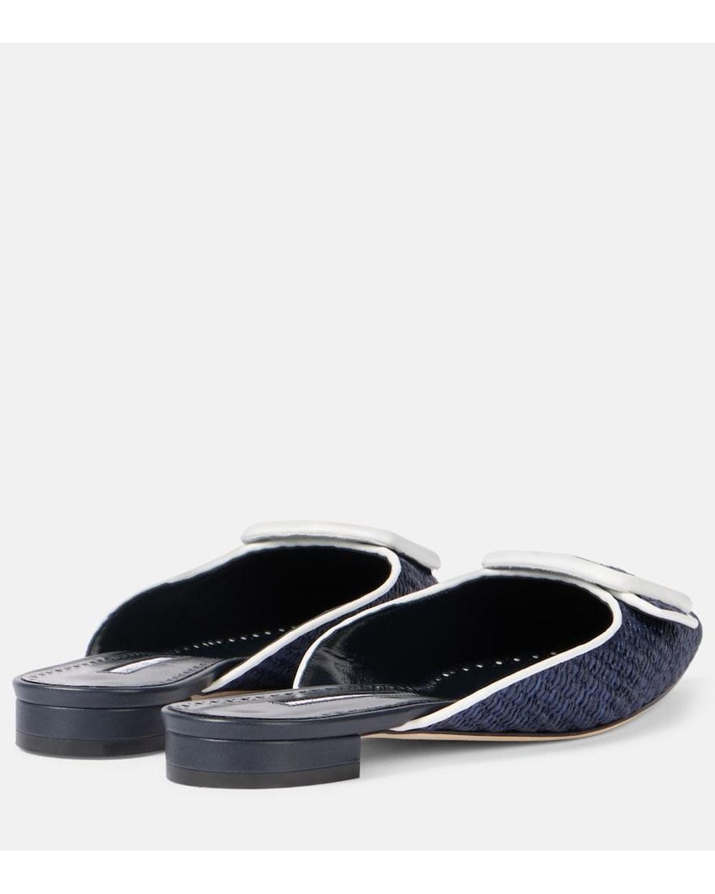 Manolo Blahnik Blue Maysale Leather-Trimmed Raffia Mules