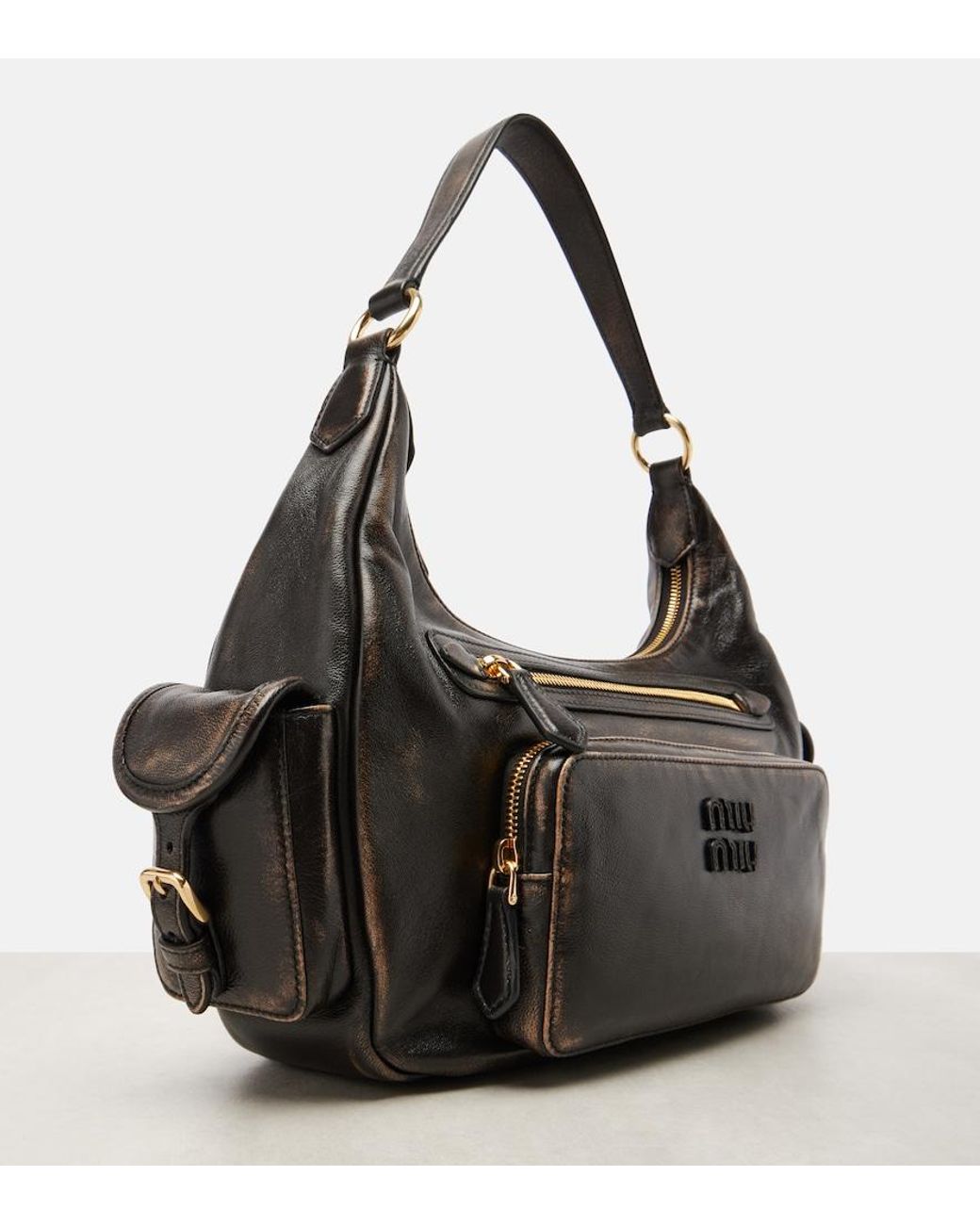 Miu Miu Black Distressed Leather Shoulder Bag
