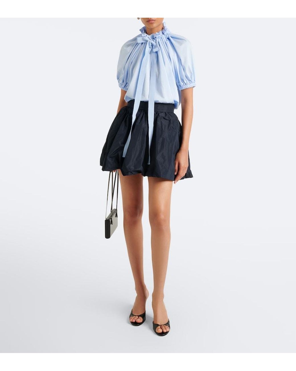 Patou Blue Bow-Detail Gathered Cotton Jersey Top