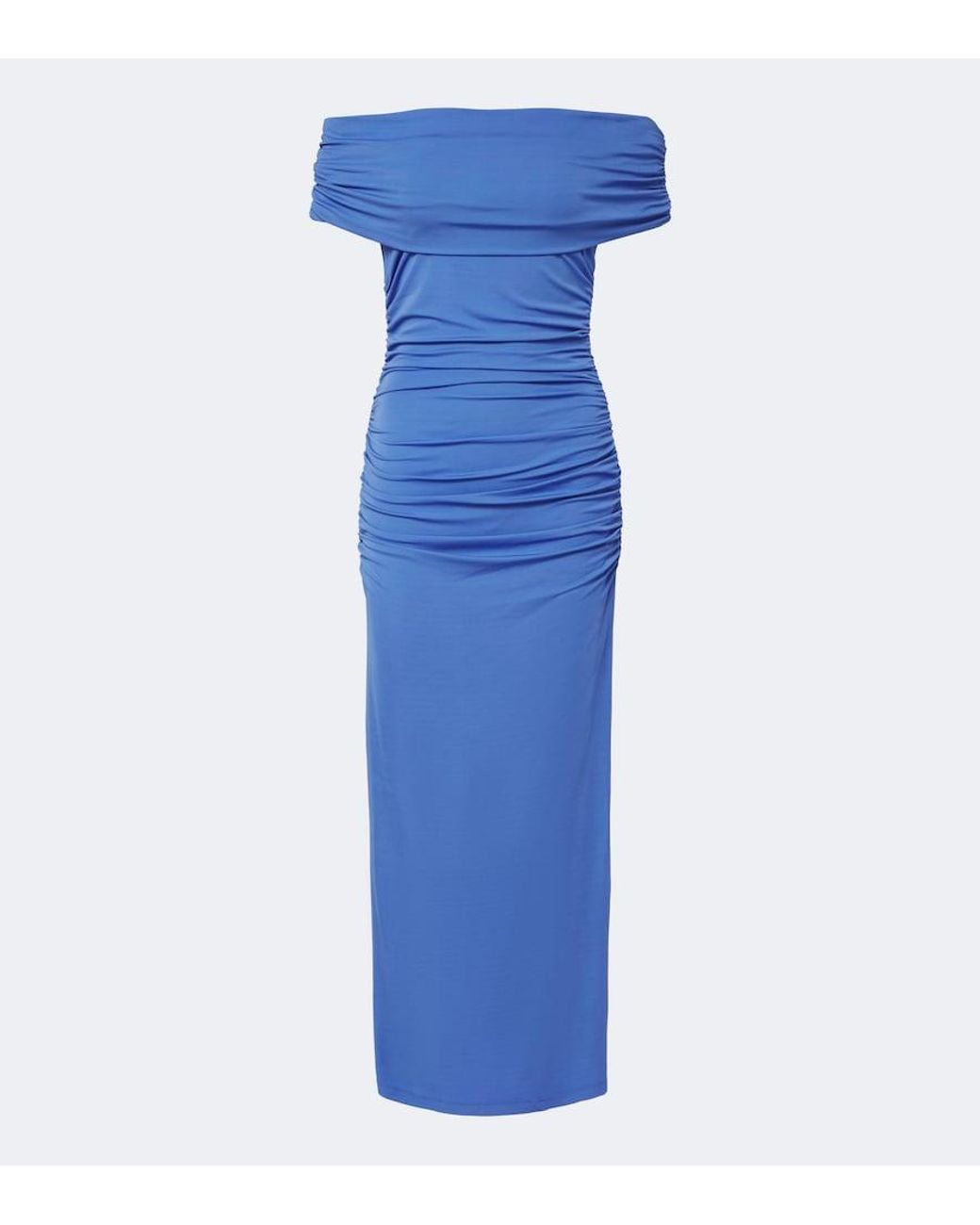 Carolina Herrera Blue Ruched Off-Shoulder Jersey Midi Dress