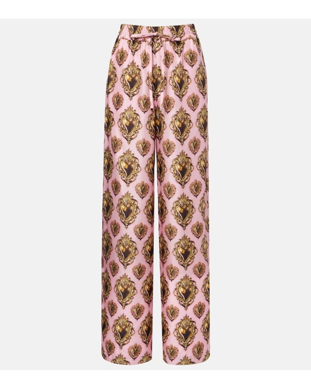Dolce & Gabbana Pink Printed High-Rise Silk Palazzo Pants