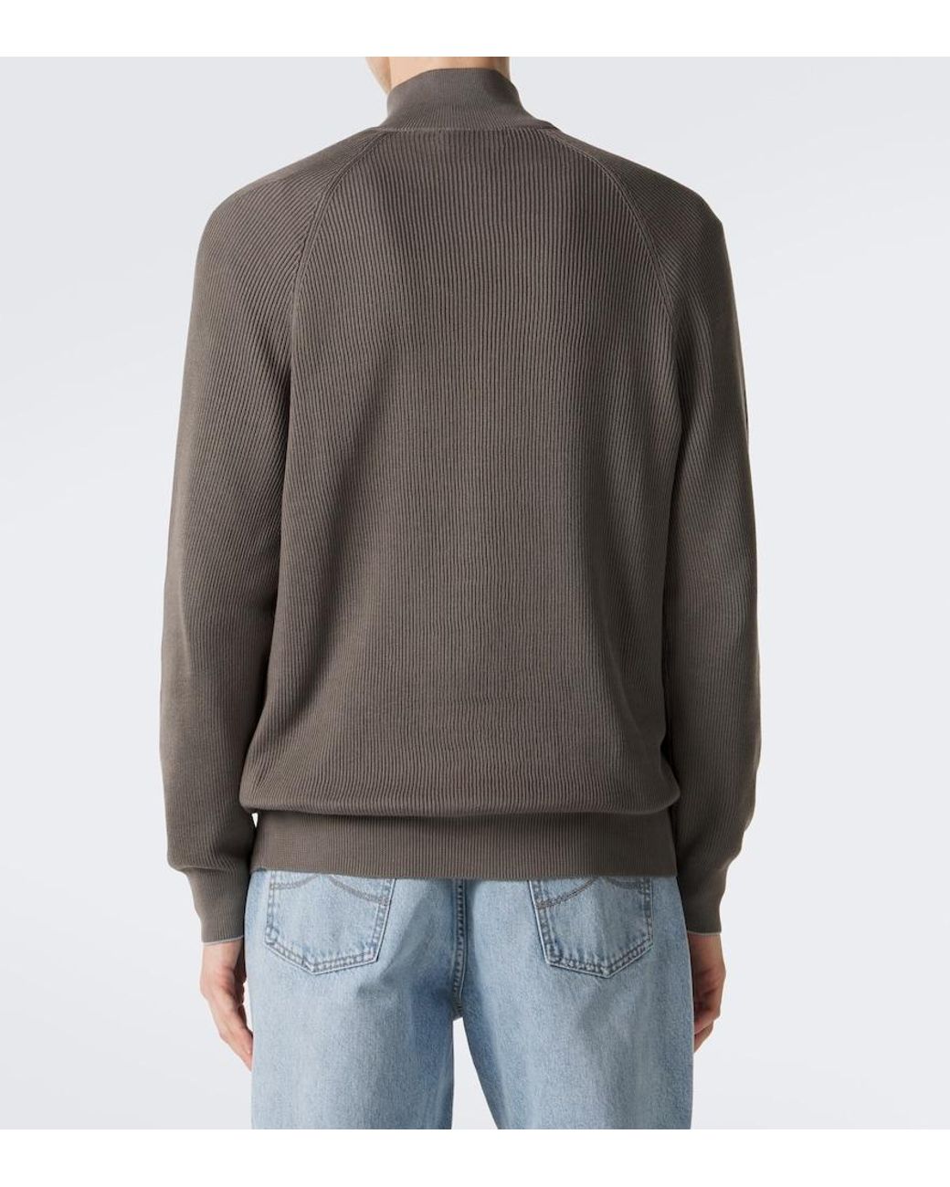 Brunello Cucinelli Gray Ribbed-Knit Half-Zip Cotton Sweater for men