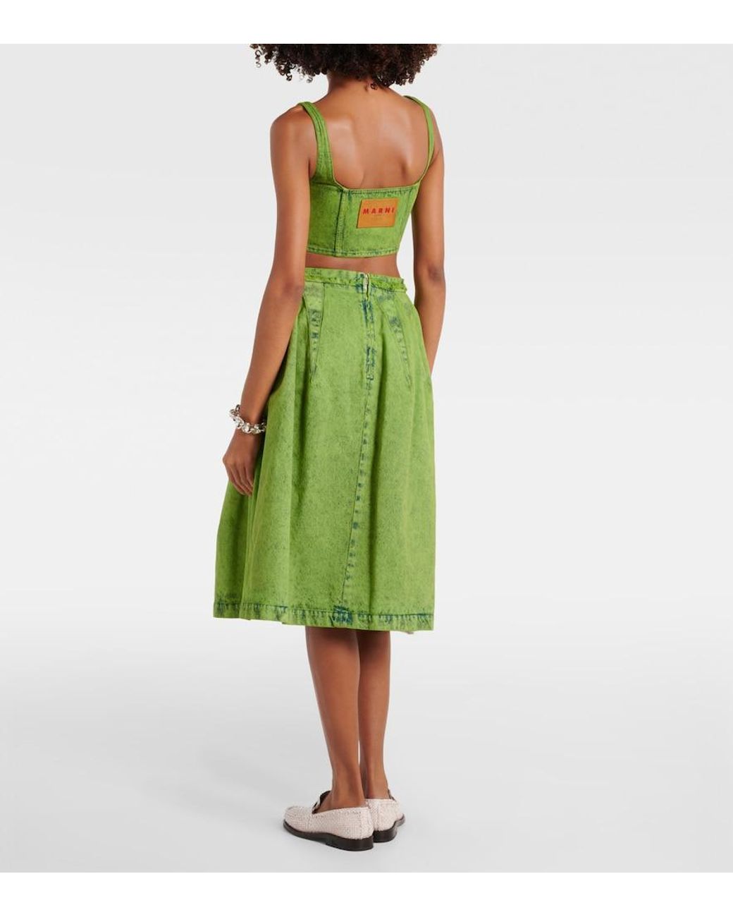 Marni Green Pleated Denim Midi Skirt