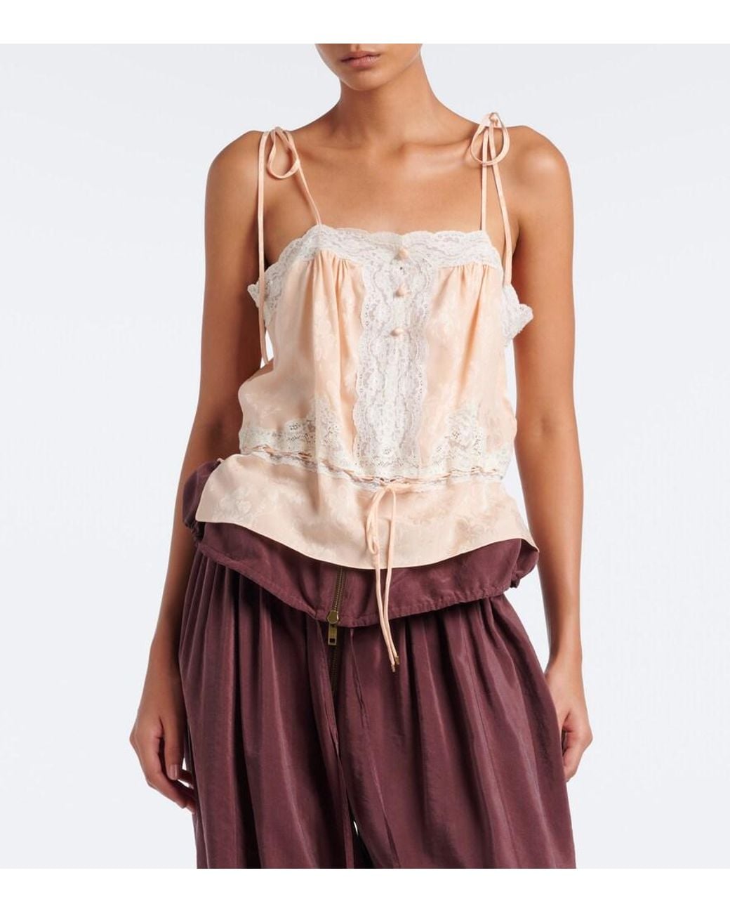 Chloé White Lace-Trimmed Silk Satin Top