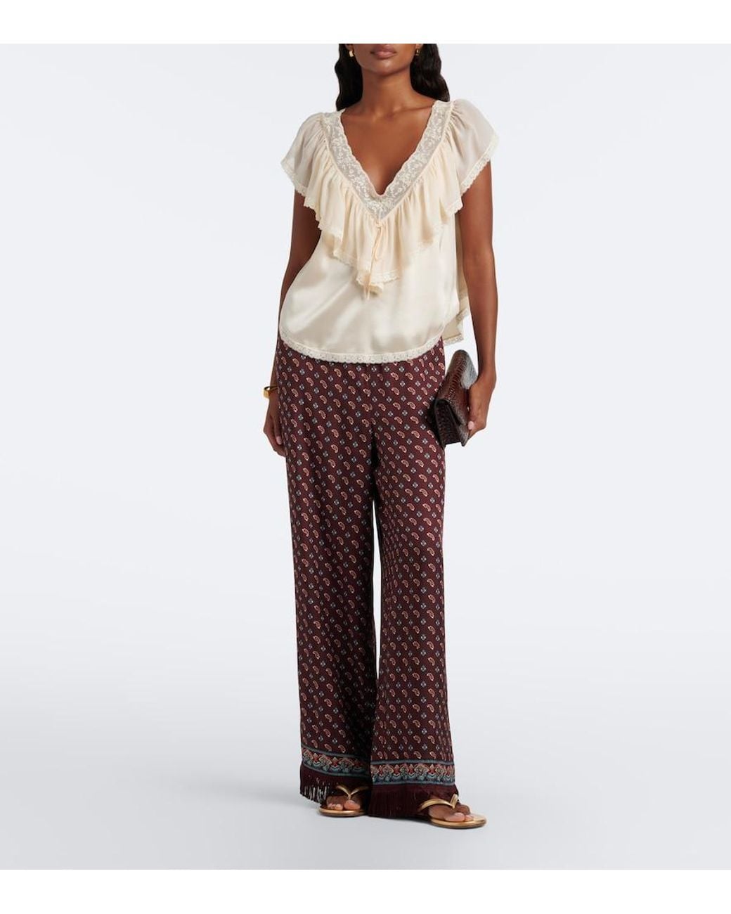Doen Natural Yadira Lace-Trimmed Ruffled Silk Blouse