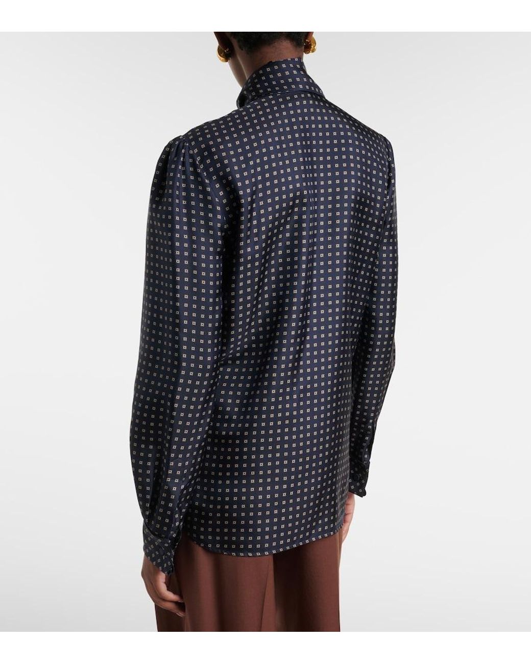 Saint Laurent Blue Printed Tie-Neck Silk Crepe De Chine Blouse