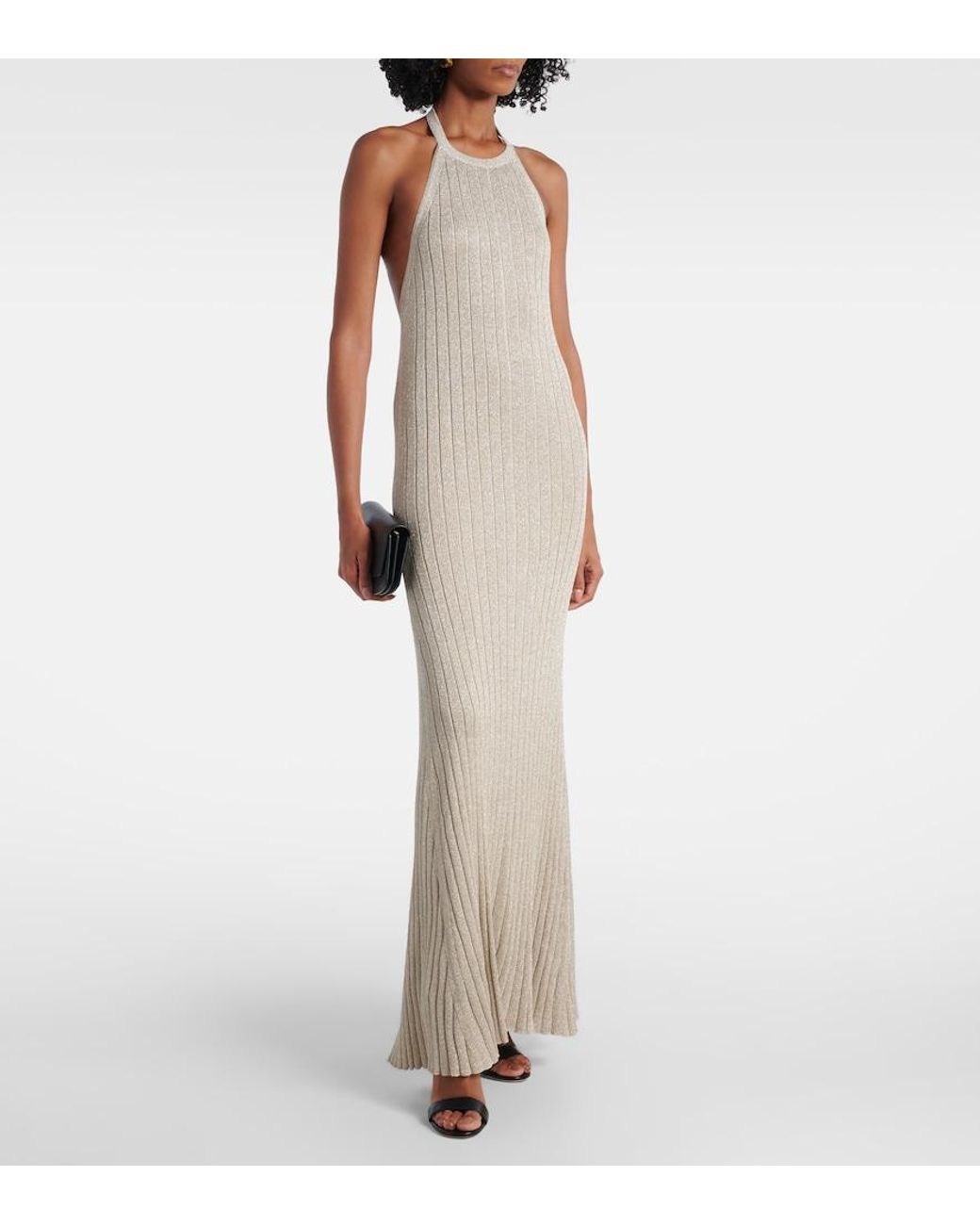 Tom Ford White Ribbed-Knit Halterneck Lame Maxi Dress