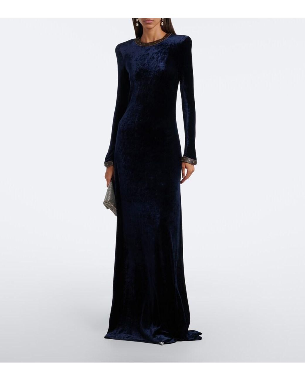 Ralph Lauren Black Nancie Leather-Trimmed Velour Gown
