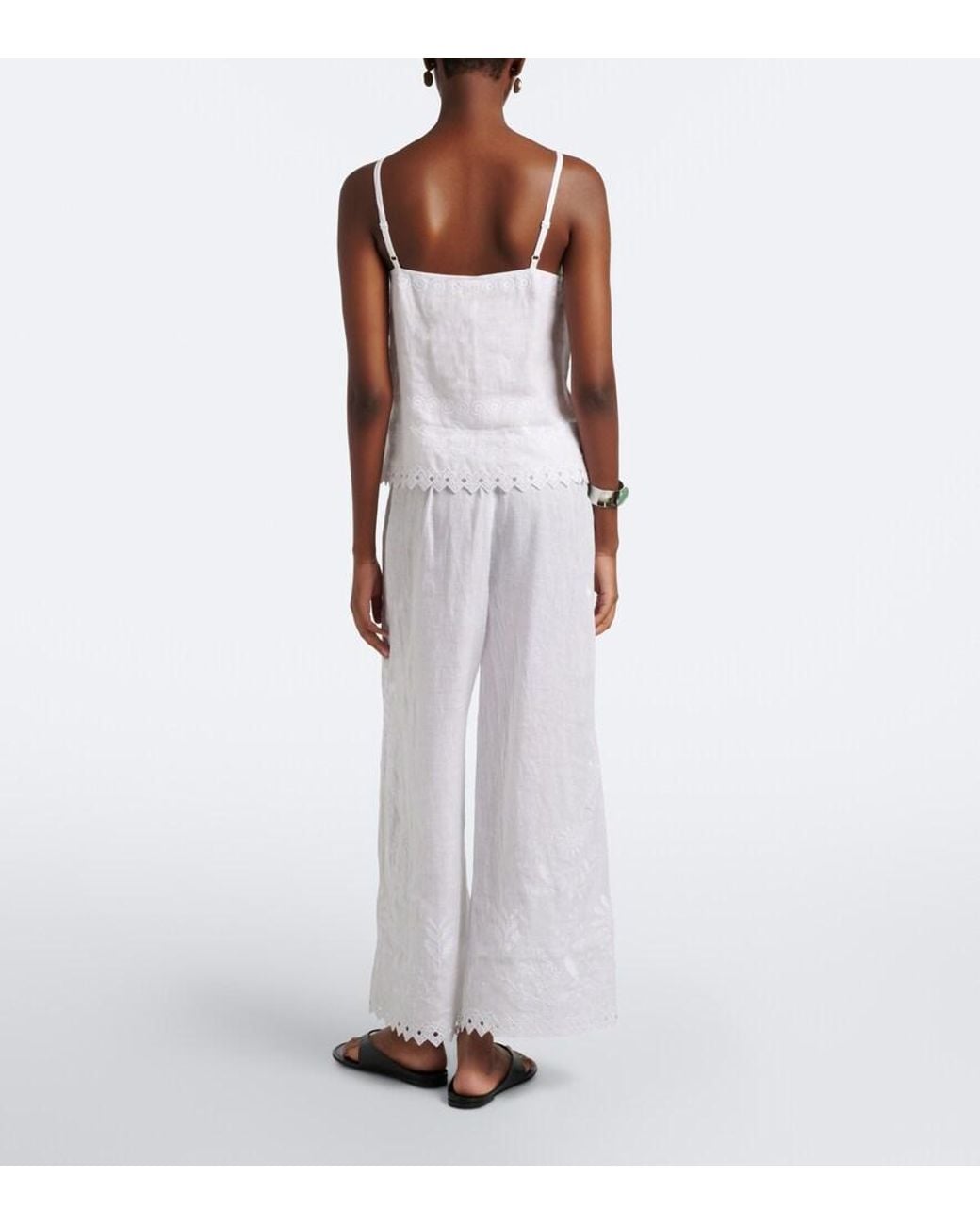 Eres White Albatre Embroidered Linen Wide-Leg Pants